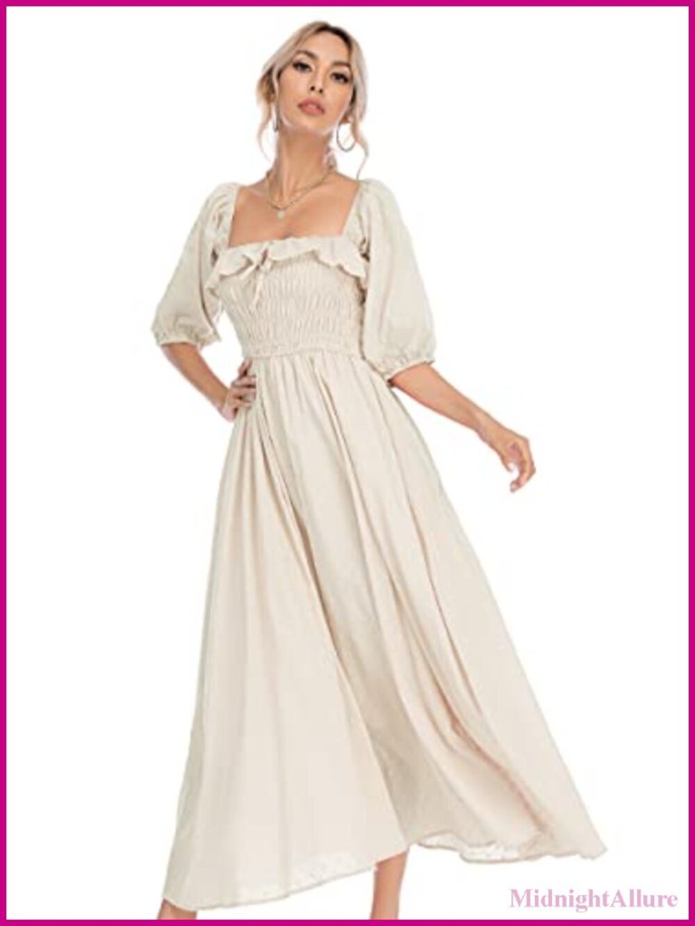 Women's 100% Cotton A-Line Flowy Midi Dress Square Neck Ruffle Puff Sleeve